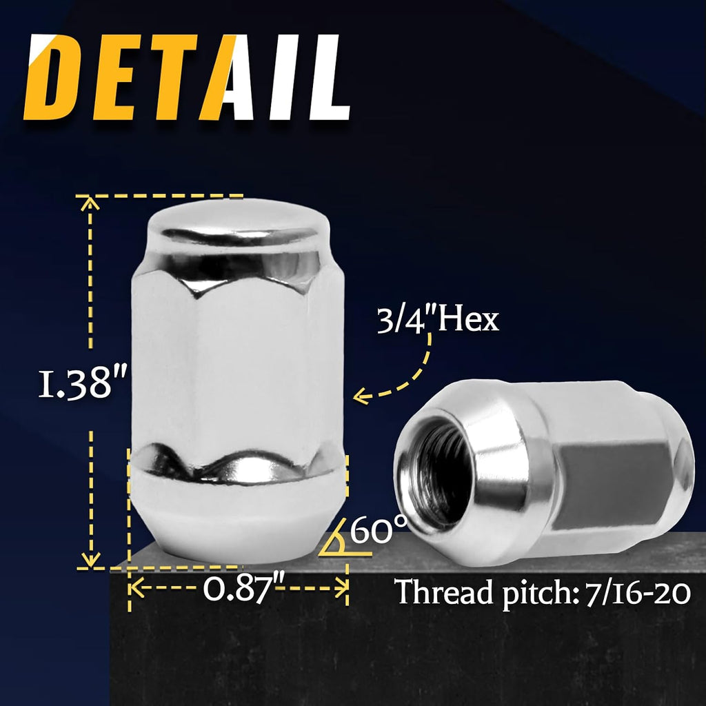 Set of 24, 7/16-20 Lug Nuts 3/4'' Hex 1.38" Length Chrome Conical Seat for Chevy G~M~C Blazer K10 K5 V1500