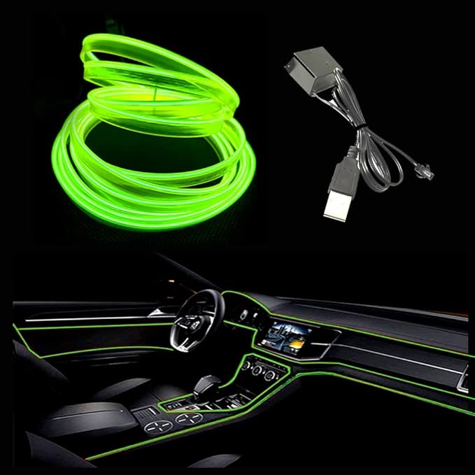 El Wire Lemon Green Interior Car LED Strip Lights, 3M Neon Wire USB 5V by Maxlaxer