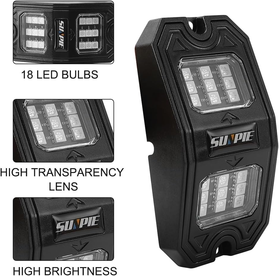 SUNPIE 8 Pods Quick Connect Red Rock Lights, 18 Wide Angle Chips, 4M Extension Wires Each Light, Mounting Pads, IP67 Waterproof, Fits for Trucks Trailer SUV ATV UTV