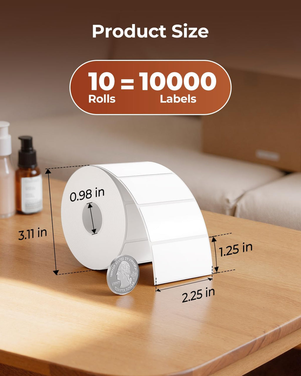 munbyn 2.25x1.25 thermal labels, 10 rolls/10000pcs, white shown in use