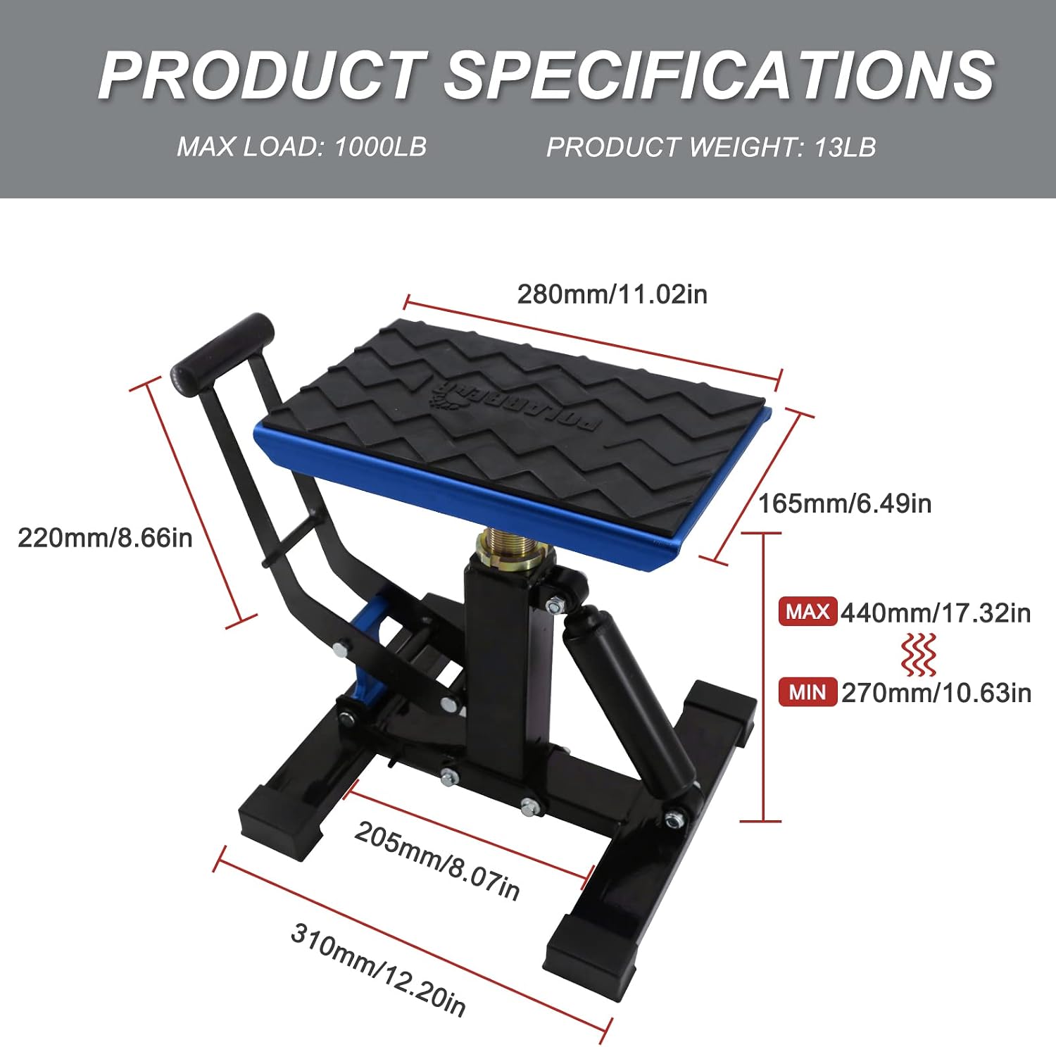 POLARBEAR Dirt Bike Stand Motorcycle Hoist Lift Stand Center Jack Adjustable Heavy Duty 1200Lbs Capacity Repair Lifting Jack Stand Table Rack(Blue)