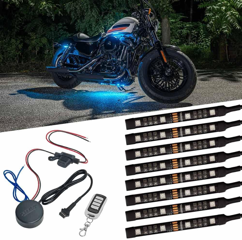 LEDGlow 8pc Advanced Million Color Mini LED Motorcycle Accent Underlow Light Kit - 15 Solid Colors - 6 Patterns - 4" Multi-Color Flexible Strips - Includes Waterproof Control Box & Wireless Remote