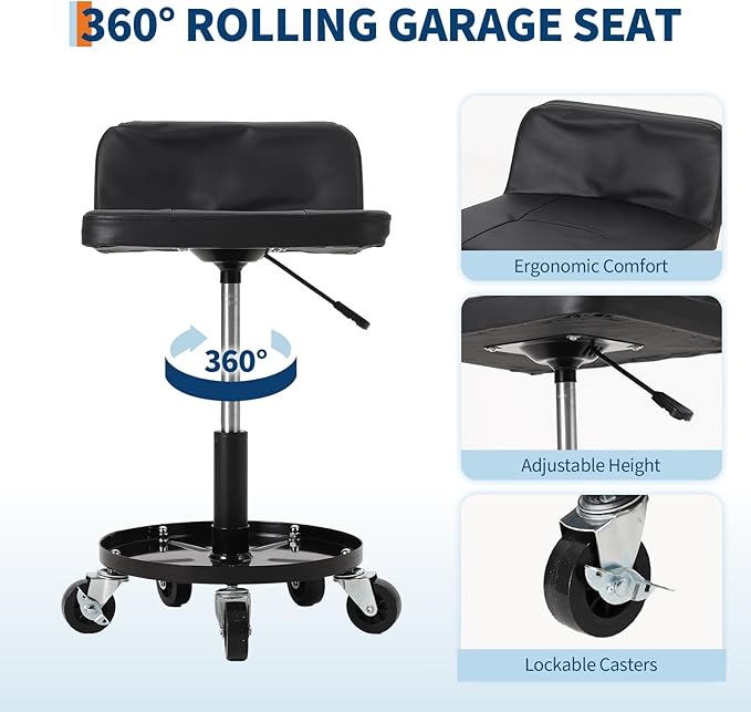 Garage Stool, 16”-21” Adjustable Rolling Mechanic Stool - Image 3