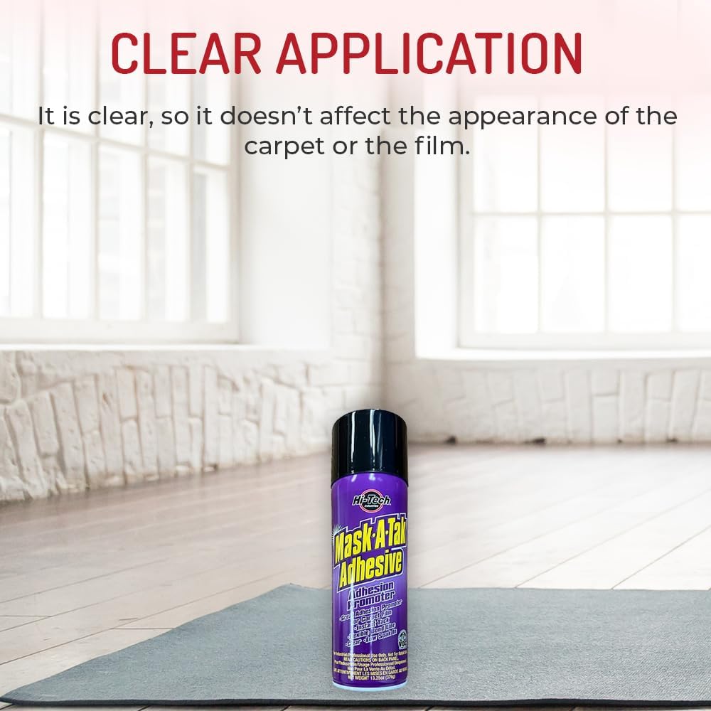 HI-TECH Mask-A-Tak Adhesive Promoter Spray – Instant Tack Bonding for Carpet Film, Clear Low-Soak Formula for Auto Interior Protection – 14 oz Aerosol