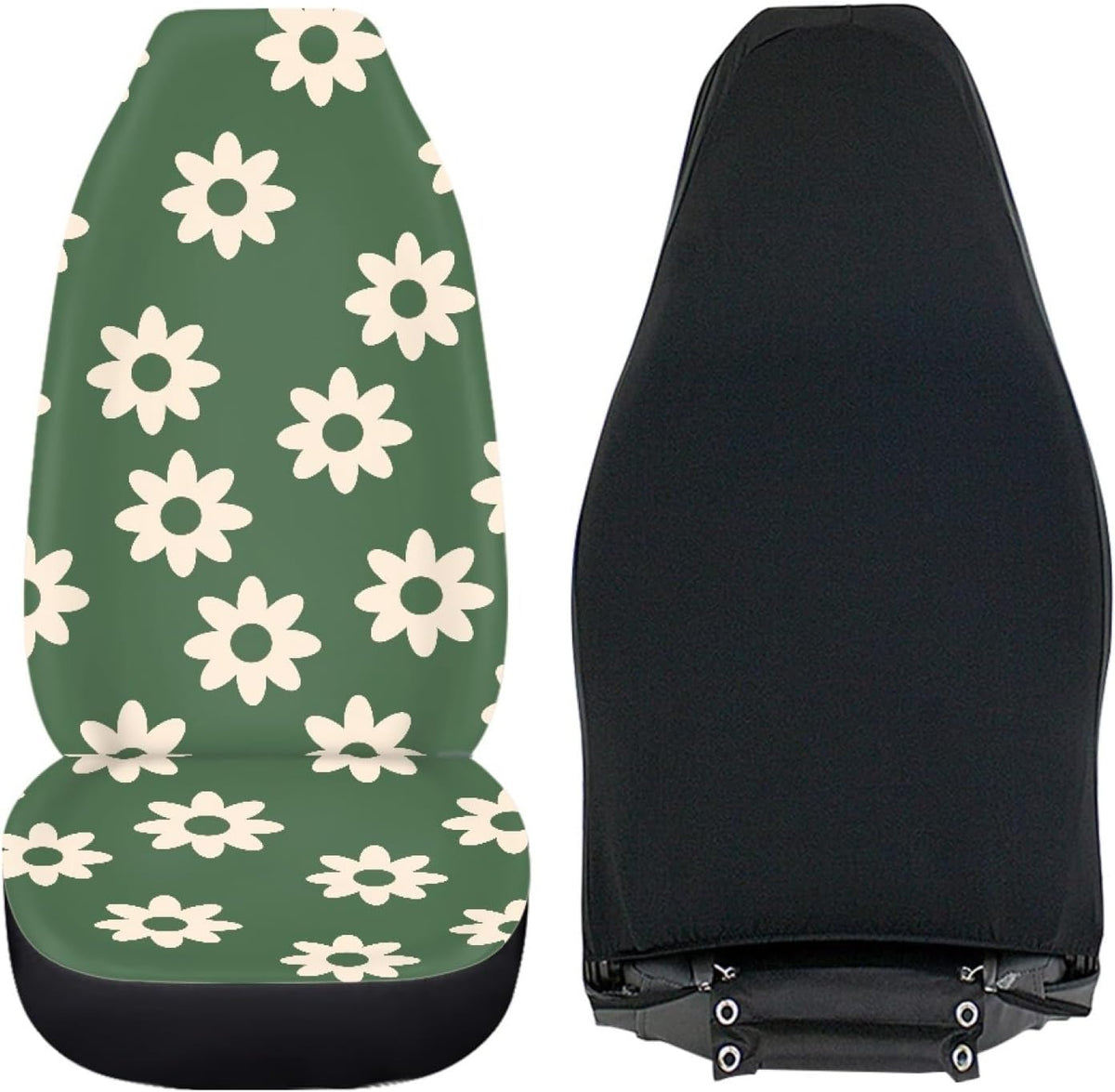 green groovy flower auto seat cover set 2, front angle view