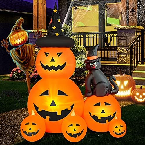 6 FT Halloween Inflatable Outdoor Decor with Ghost Pumpkin and Black Cat