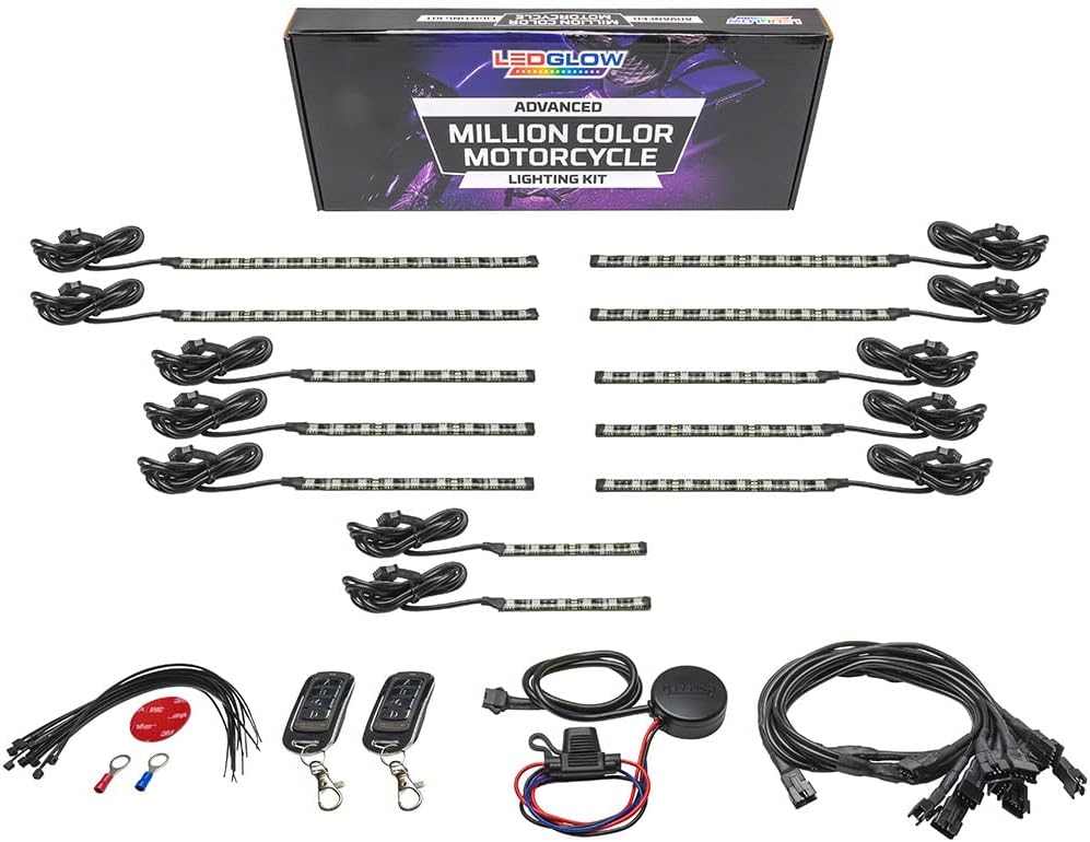LEDGlow 12pc Advanced Million Color LED Motorcycle Accent Underlow Light Kit - 15 Solid Colors - 6 Patterns - Multi-Color Flexible Strips - Includes Waterproof Control Box & 2 Wireless Remotes