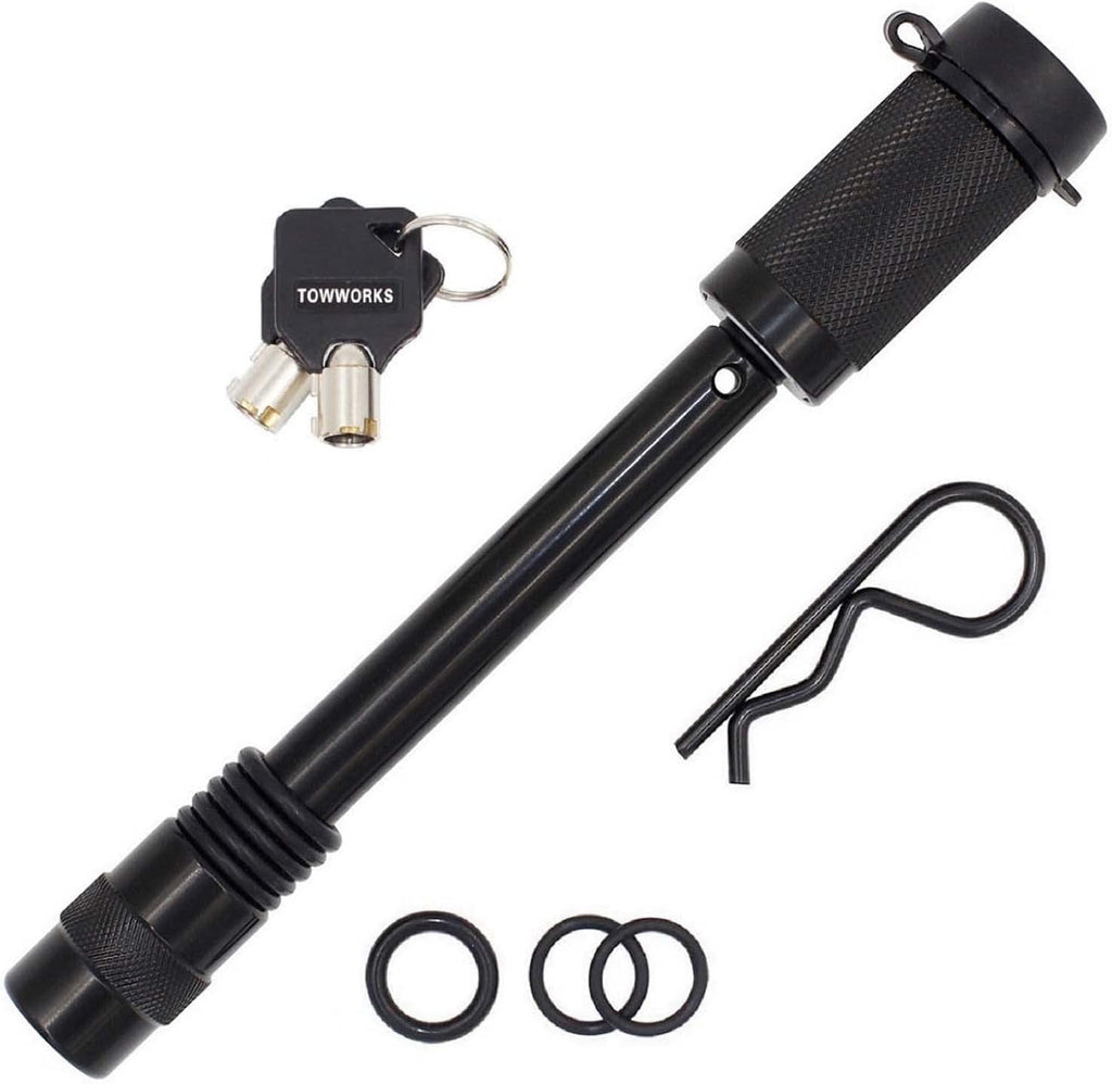 TowWorks 79831 Keyed Unique 5/8" Trailer Hitch Lock with Extra Long 4-1/2" Span, Double Safety Tow Hitch Locking Pin for 3" Receivers and Adjustable Channel Mounts