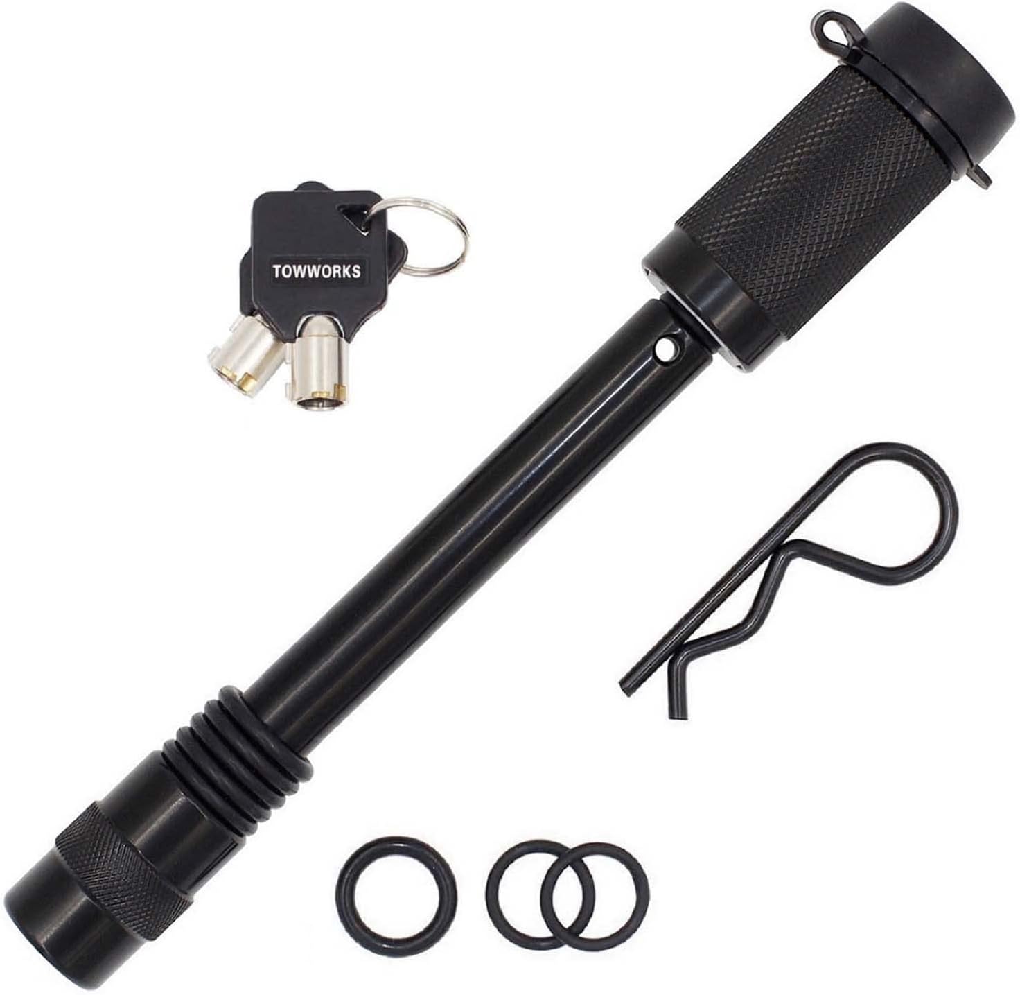 TowWorks 79831 Keyed Unique 5/8" Trailer Hitch Lock with Extra Long 4-1/2" Span, Double Safety Tow Hitch Locking Pin for 3" Receivers and Adjustable Channel Mounts