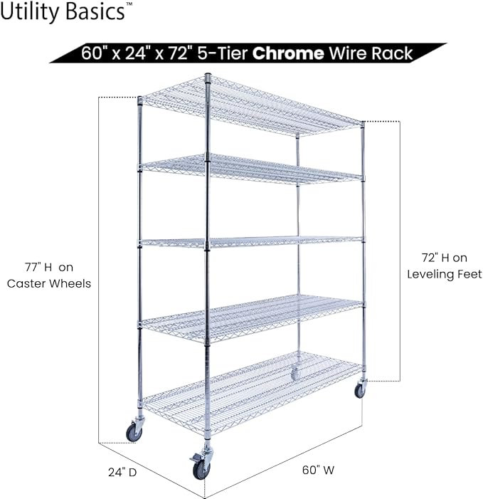 60"x24"x72" Chrome 5-Tier PREMIUM Wire Shelving NSF 4000 LBS MAX CAPACITY Heavy - Image 7