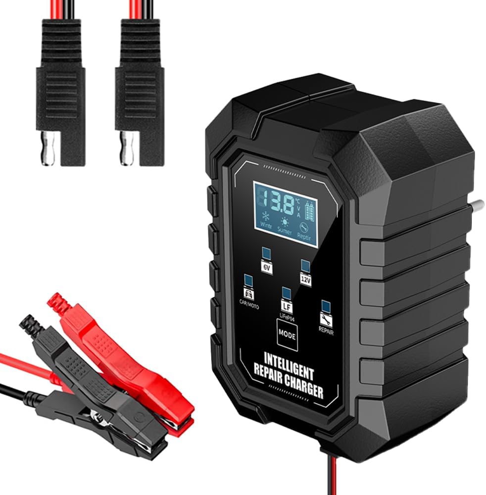 Battery Charger and Desulfator, 6V 12V Automatic Intelligent Recognition, Smart Pulse Repairer for Car Motorcycle Marine Batteries, with Trickle Charge Function and LED Display (1 Set)