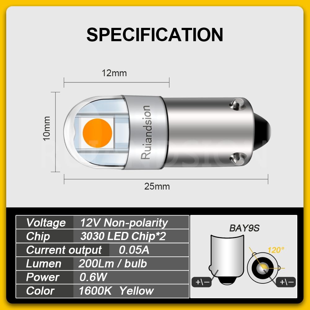 Ruiandsion BAY9S LED Reading Light H21W 64136 12V Non Polarity 200LM Super Bright 3030 2SMD Chipset Yellow for Car Interior Side Door Courtesy Map Lights Pack of 10