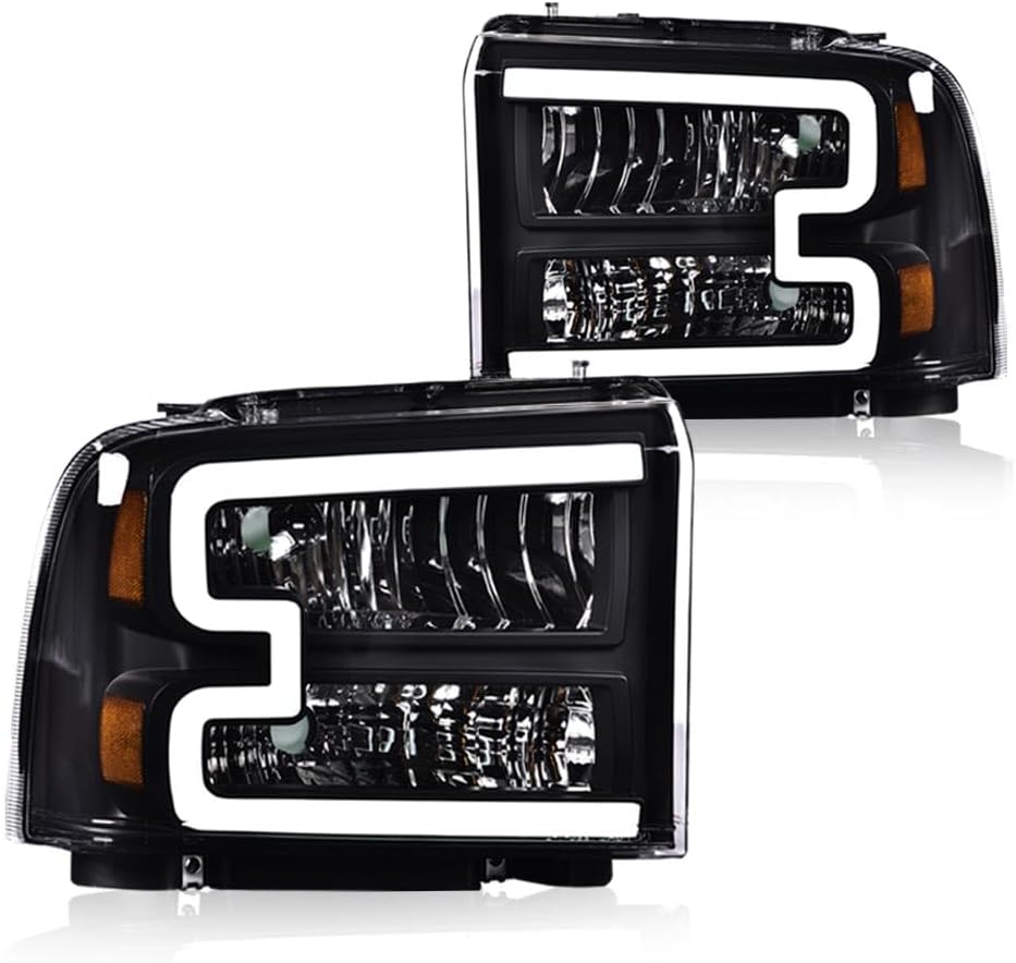 LED DRL Headlights Assembly Front Headlamp Clear Lens Black Housing Amber | Compatible with Ford F250 F350 F450 F550 Super Duty 2005-2007, Fit Ford Excursion 2005, Reflector