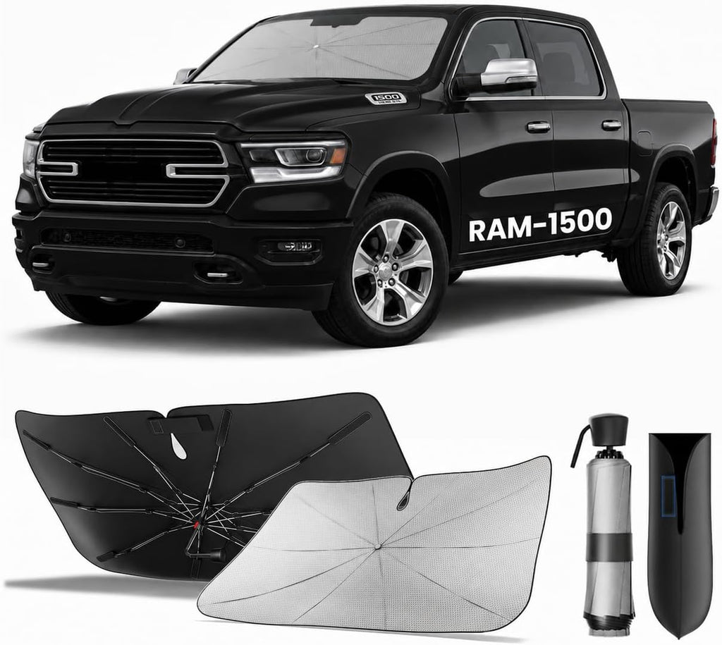 Zanch Windshield Sun Shade Umbrella: 1:1 Custom Fit for Ram 1500 2011-2026 [99% UV Protection, Up to 75℉ Cooler] Reflective Heat Shield, Built to Last, No Scratches, Foldable Front Sunshade Umbrella