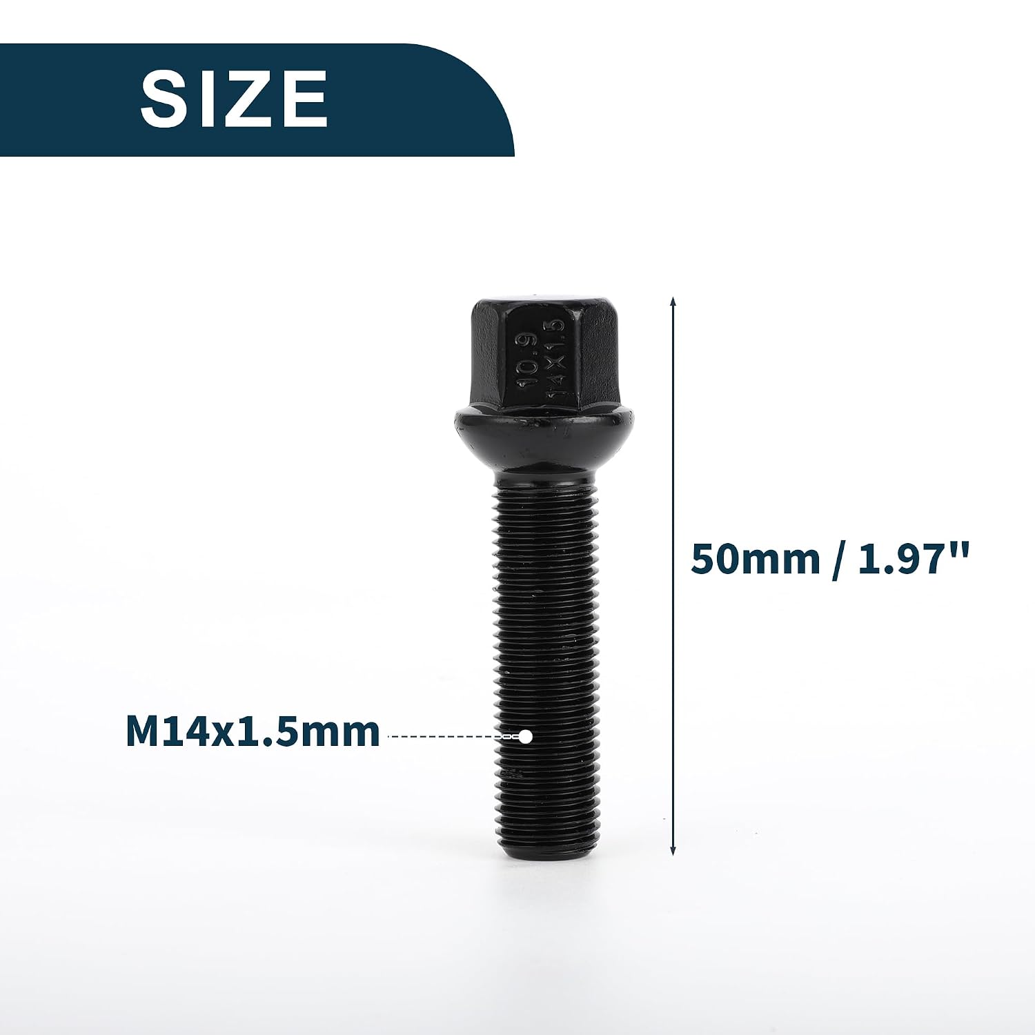 M14x1.5mm Ball Seat Wheel Lug Bolt for Volkswagen 19mm Hex 50mm Shank Length Sturdy | Extended Bolts Black 10 Pcs
