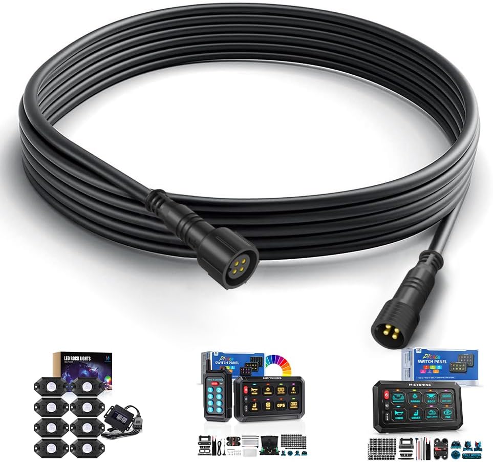 MICTUNING 2PCS 10FT 4 Pin Extension Cables | For 2nd-Gen RGB Rock Lights & P1Y+ Switch Panel Connection, snap-on connector ，IP68 waterproof