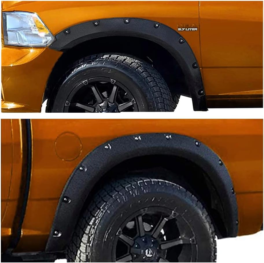 PIT66 Fender Flares 4 PCS Compatible With Dodge Ram 1500 2009-2018 Fit Dodge Ram 1500 Classic 2019-2022 (Excludes R/T & Rebel) Smooth Matte Pocket Riveted Style Wheel Flares Set Black