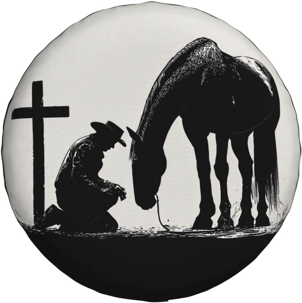 Cowboy Horse Cross Praying Spare Tire Cover for RV Camper SUV Truck, Waterproof Polyester Tire Wheel Cover, Universal Fit Outdoor Spare Wheel Protector with 15in