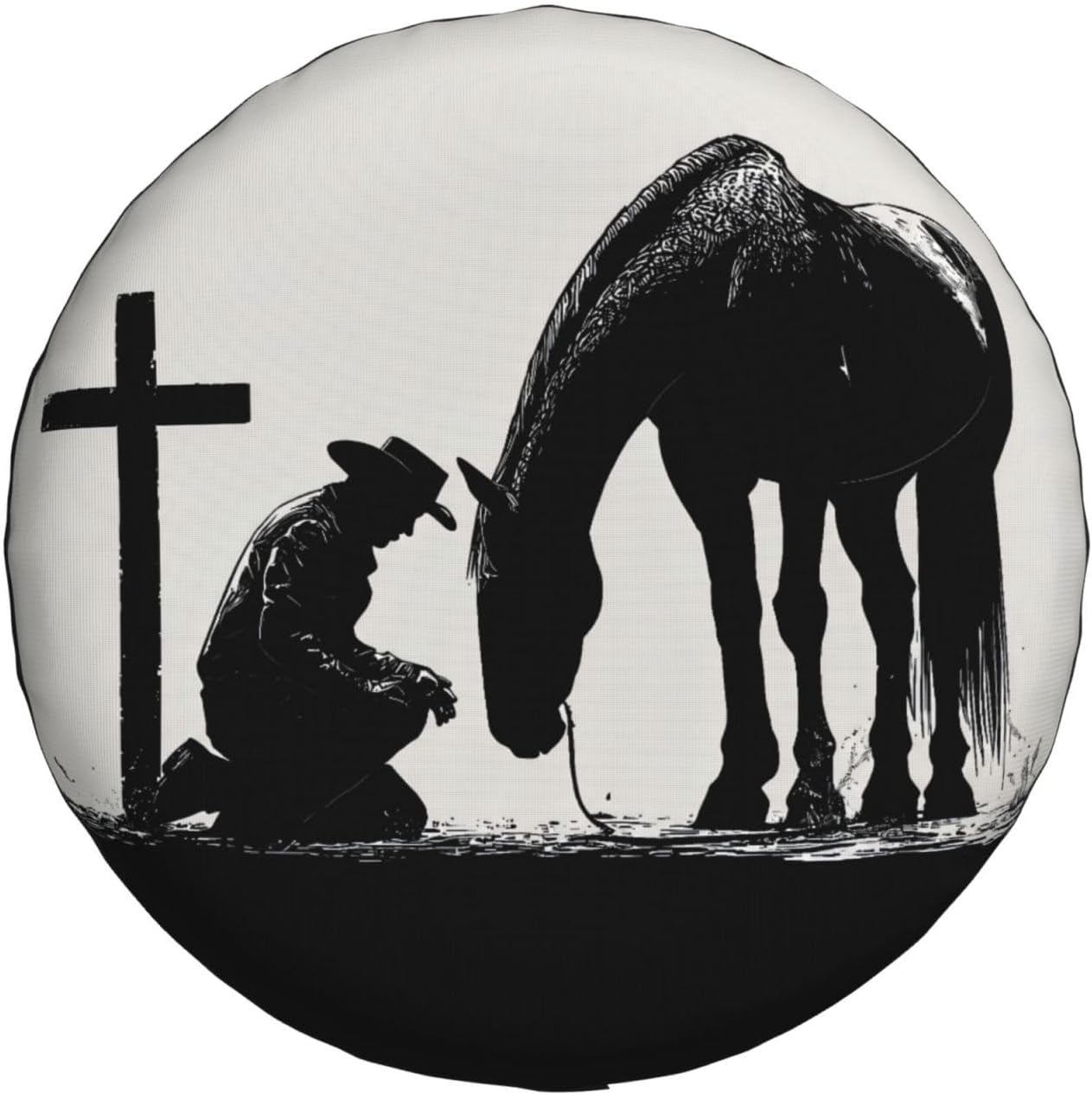 Cowboy Horse Cross Praying Spare Tire Cover for RV Camper SUV Truck, Waterproof Polyester Tire Wheel Cover, Universal Fit Outdoor Spare Wheel Protector with 15in