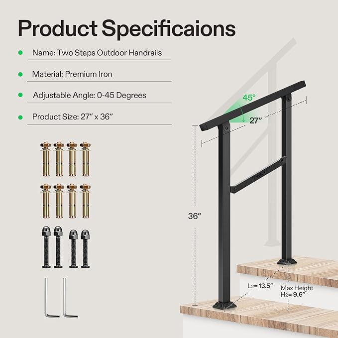 VIVOSUN Outdoor Handrail, 2 Step Stair Handrail, Wrought Mattle Iron Handrail - Image 8