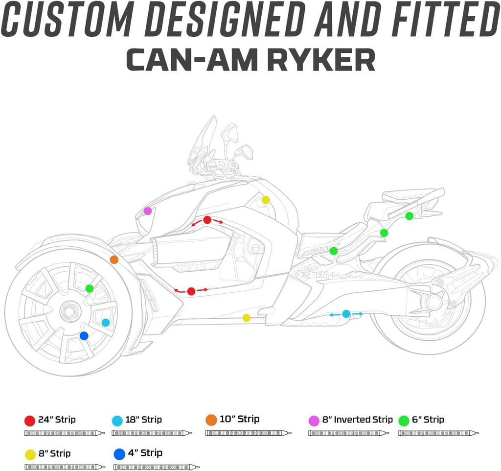 LEDGlow 20pc Advanced Million Color LED Neon Underglow Lighting Kit Fits Can-Am Ryker Motorcycles - Automatic Brake Lights Feature - Waterproof Control Box w/Remotes - Multi-Color Flexible Strips