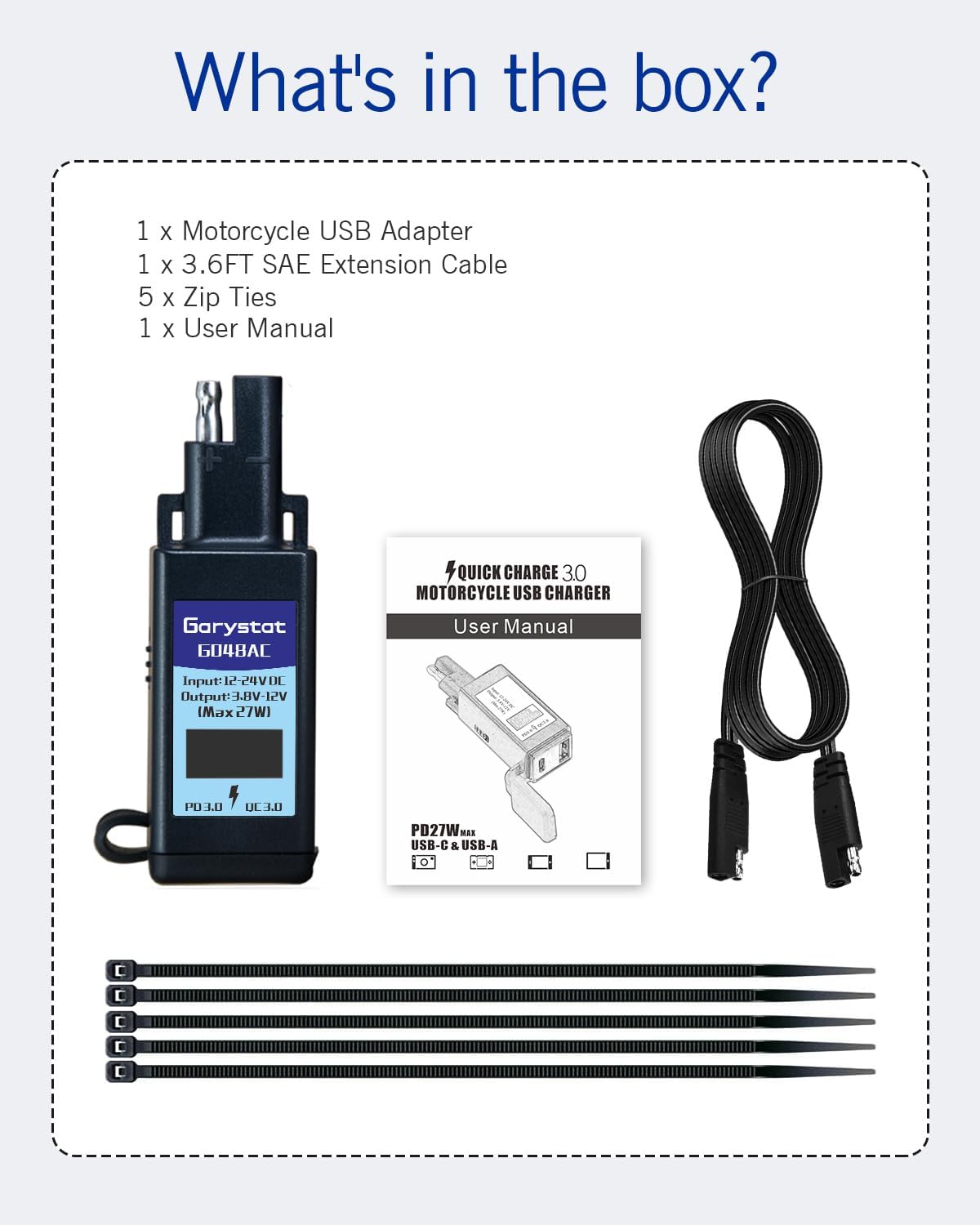 Garystat Motorcycle USB-C Charger, SAE to USB Adapter, 27W Dual Port USB Fast Charger with Voltmeter/Ammeter & ON/Off Switch, Perfect for Charging Phone, Tablet, GPS etc