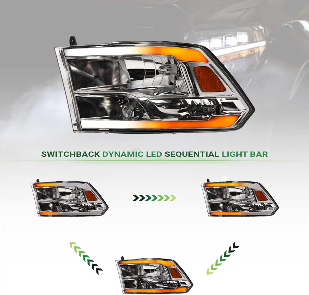 Switchback Sequential LED Strip Tube Bar Chrome Housing Crystal Headlights Signal Lamps Amber Reflector nb Compatible With 09-18 Dodge Ram 1500/19-24 Classic / 10-18 2500 3500