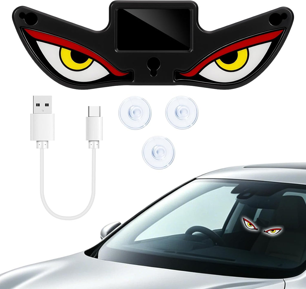 Solar Devil Eyes Car LED Light, Wireless No Drill Demon Eye Warning Lights for Car Windshield & Rear Window, Type-C Rechargeable Animated LED Eyes for Cars, SUVs, Trucks, Vans (1 Pack)