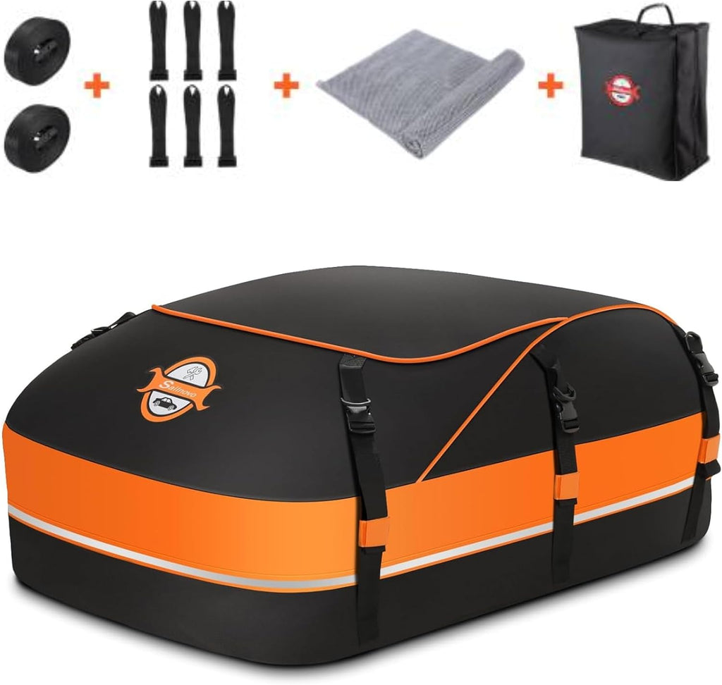 Sailnovo 20 Cubic Feet/580L Car Roof Bag, Waterproof Car Roof Storage Box | Heavy Duty Roof Boxes for Cars with Roof Bars or No Rack | With Reinforced Straps, Door Hooks & Storage Bag | Orange