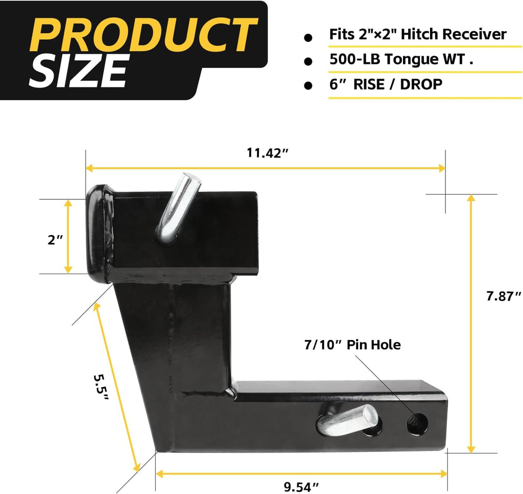 MaxxHaul Trailer Hitch Riser for 2" Receivers, 6" Rise or Drop Solid‑Steel Height Adapter with Triple Pin Holes, 500 lb Tongue Weight, Powder‑Coated Finish, Includes Two Hitch Pins (50909)