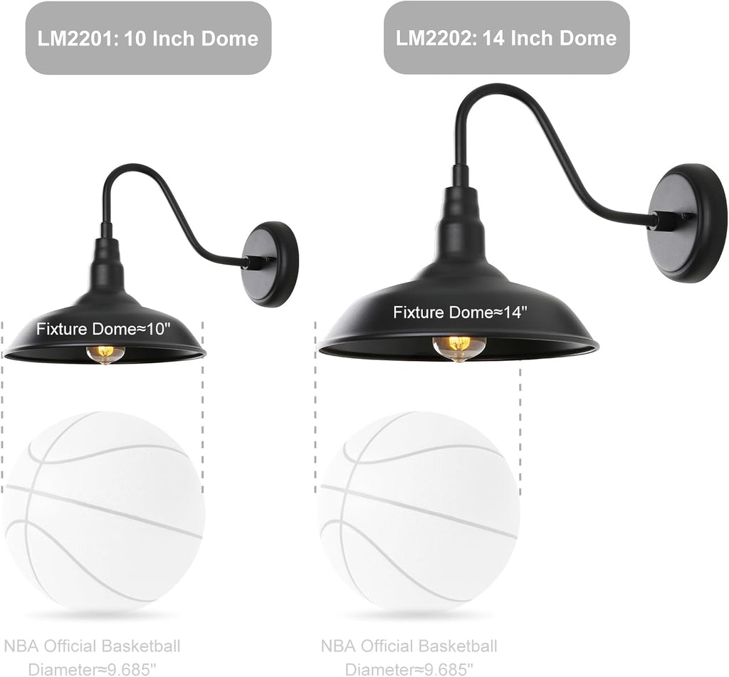 black gooseneck barn light for farmhouse 10 inch, front angle view