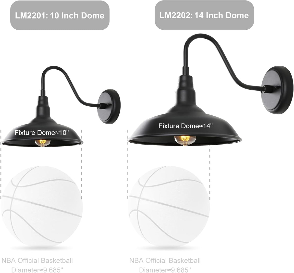 black gooseneck barn light for farmhouse 10 inch, front angle view
