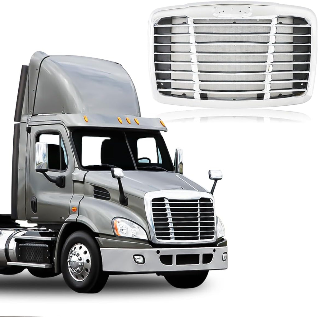 Front Hood Radiator Grille With Bug Screen Compatible With 2008-2017 Freightliner CASCADIA Bug Screen Front Grill ABS Plastic ((Chrome (Silver)) with Bug Screen)