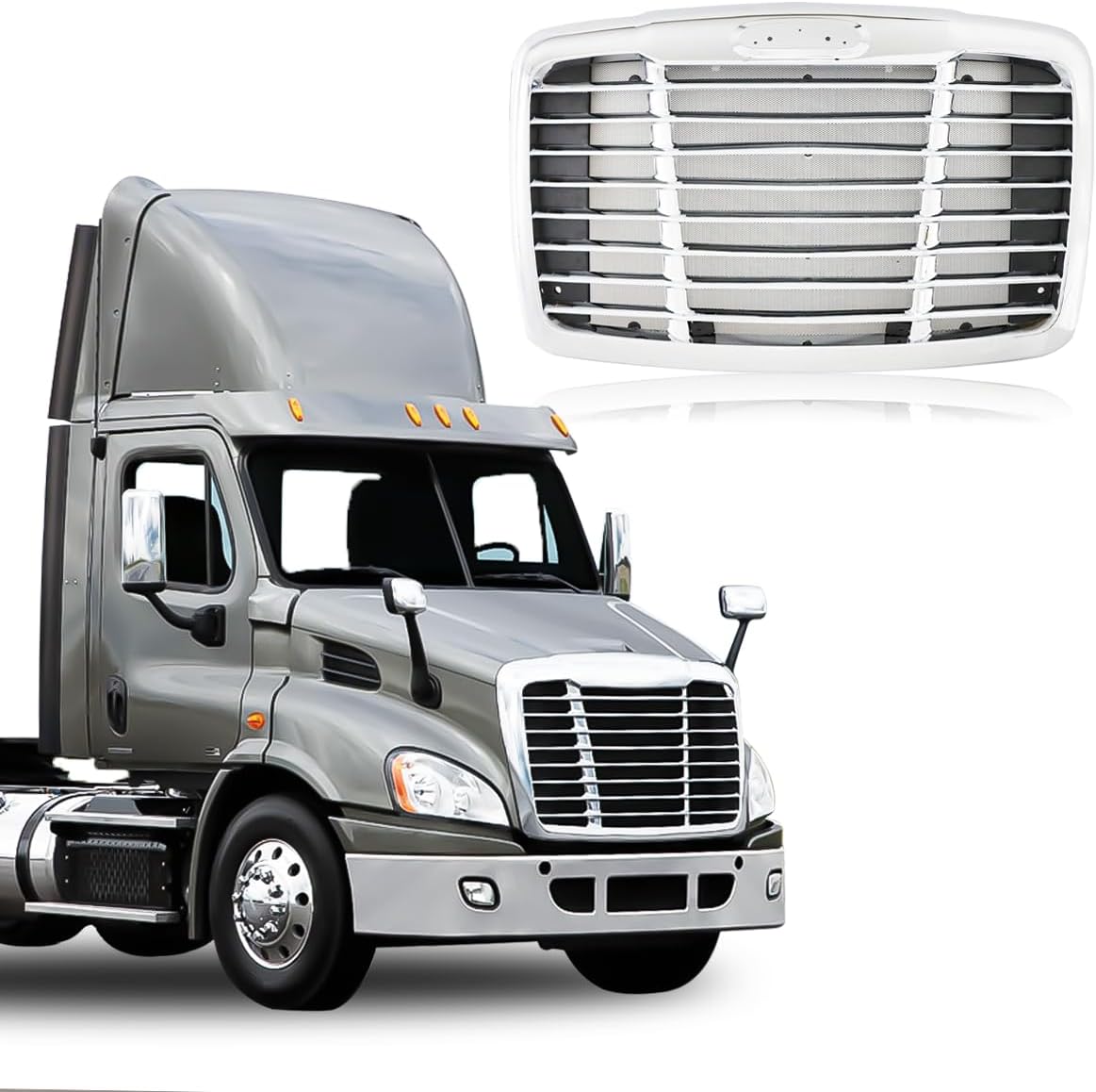 Front Hood Radiator Grille With Bug Screen Compatible With 2008-2017 Freightliner CASCADIA Bug Screen Front Grill ABS Plastic ((Chrome (Silver)) with Bug Screen)