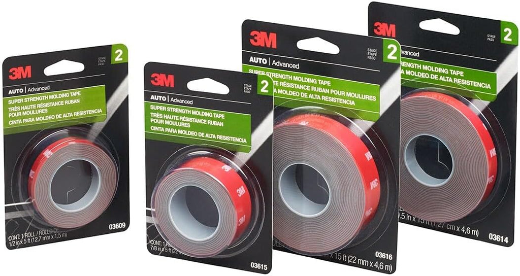 3M Super-Strength Molding Tape, 1/2 in x 15 ft, High Strength Double-Sided Adhesive, Permanently Attaches Side Moldings, Trim and Emblems to Interior and Exterior of Vehicles (03614)