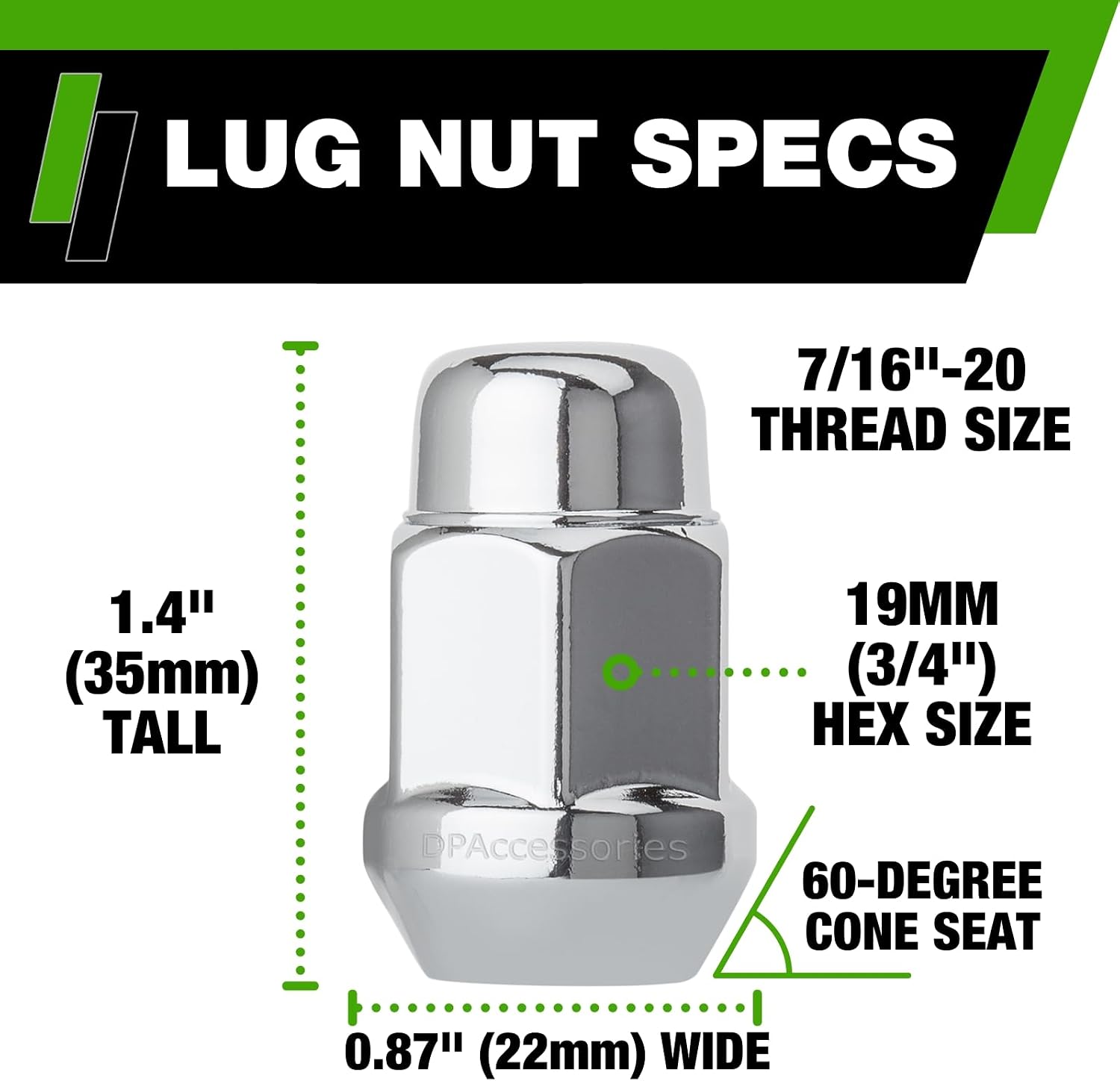 DPAccessories Chrome 7/16-20 Lug Nuts | Closed End Bulge Acorn | 36mm (1.4") Tall | 19mm (3/4") Hex | Pack of 4 | D3111-HT-2305/4