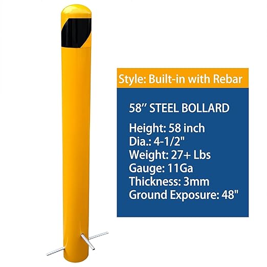 58" Pour in Place Steel Bollard Post, 4-1/2" OD Safety Bollard Yellow Powder - Image 2