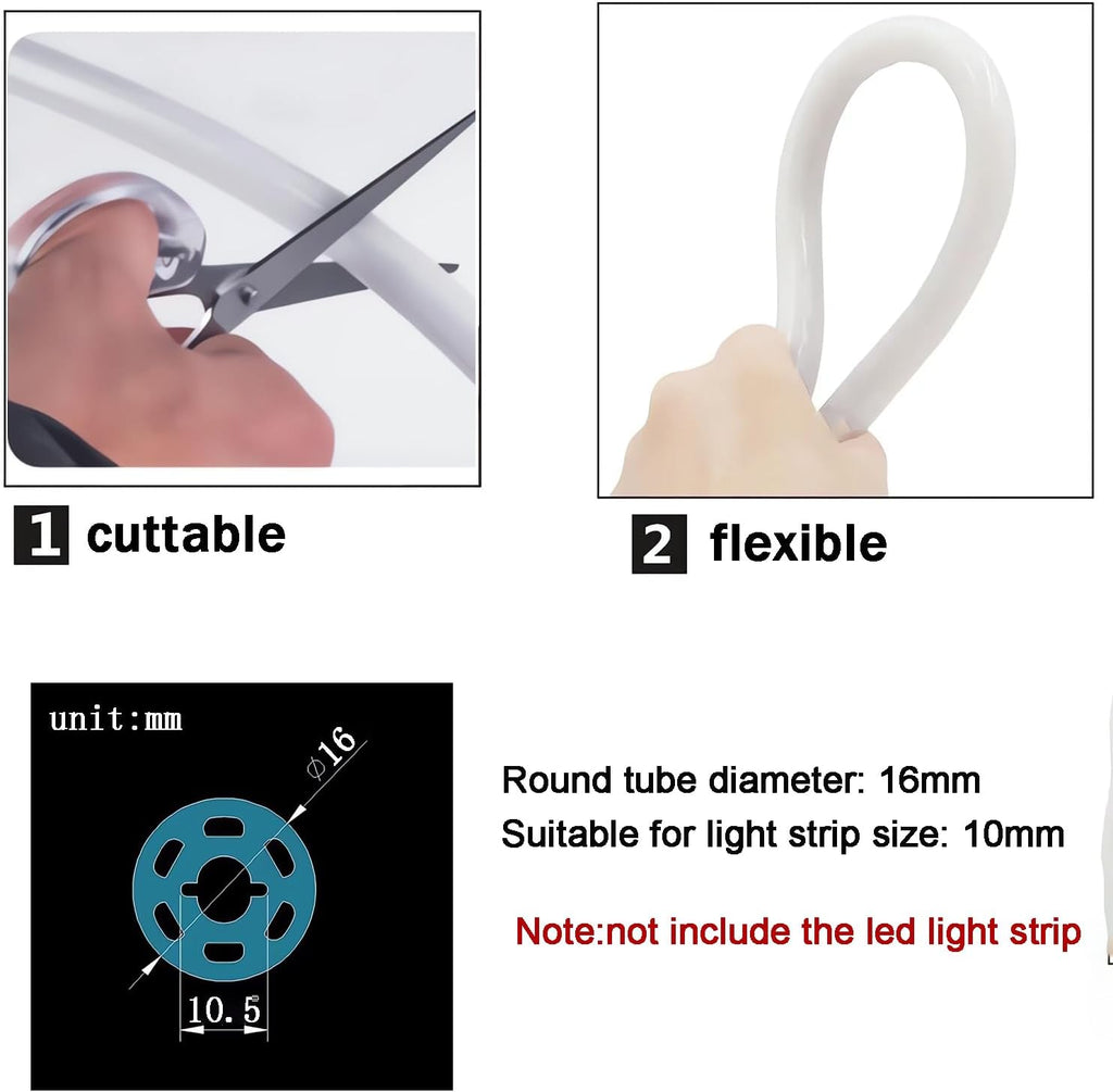 5M 360°Round LED Neon Tube, Silicone Diffuser Channel, Flexible Tube Tape Outdoor IP65 Waterproof Light Strip Cover, Tube Diameter 16mm, Suitable for 10mm LED Strip