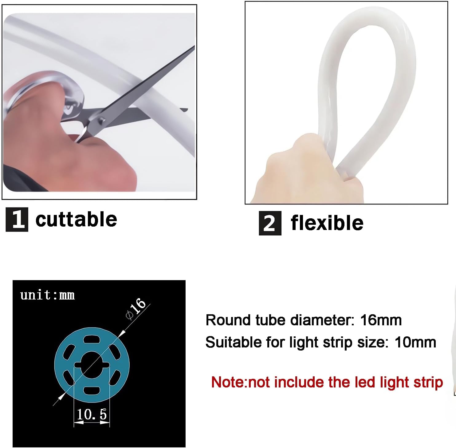 5M 360°Round LED Neon Tube, Silicone Diffuser Channel, Flexible Tube Tape Outdoor IP65 Waterproof Light Strip Cover, Tube Diameter 16mm, Suitable for 10mm LED Strip