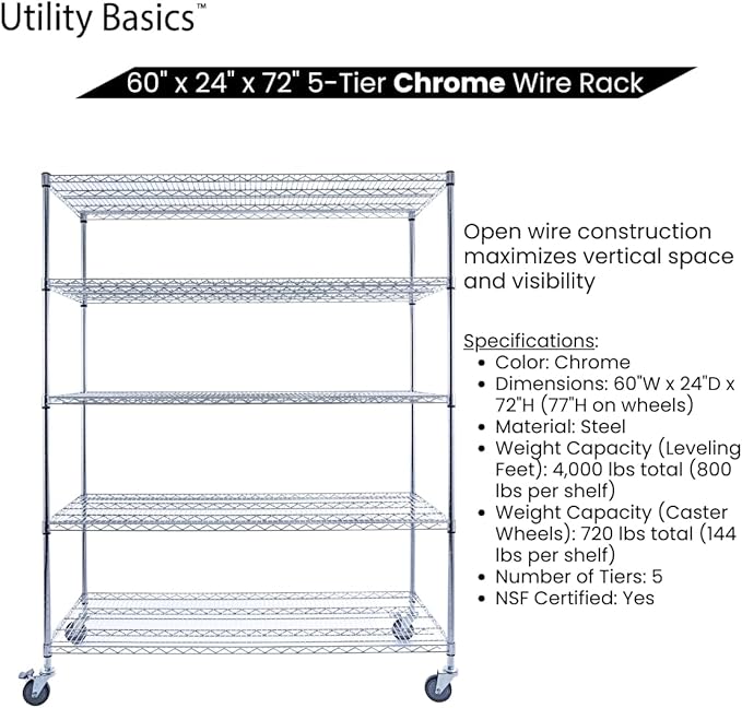 60"x24"x72" Chrome 5-Tier PREMIUM Wire Shelving NSF 4000 LBS MAX CAPACITY Heavy - Image 5