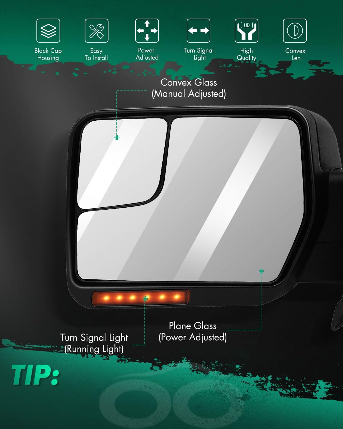 SCITOO fit for Ford for F150 Towing Mirror Reflector with Puddle Lights Black Rear View Mirror fit 2004-2014 for Ford for F150 with Turn Signal Power Control Heated Manual Folding(Driver Side)