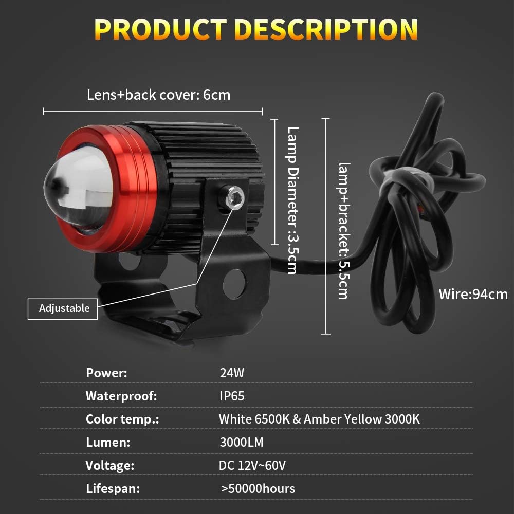 opp ulite motorcycle led fog lights 3000k amber showing dimensions