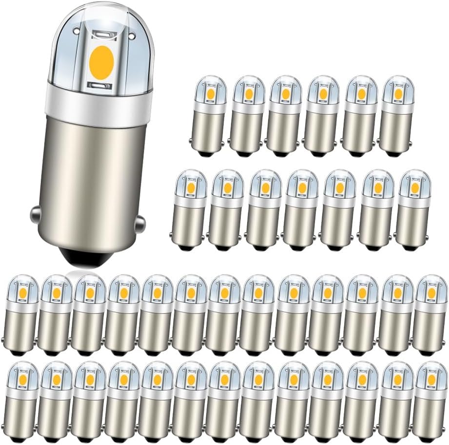 Ruiandsion BA9S LED Bulbs 40-Pack, 12V 0.6W Warm White Interior Lights, for Trunk Glove Box License Plate, Fits BA9S 53 57 257 1893