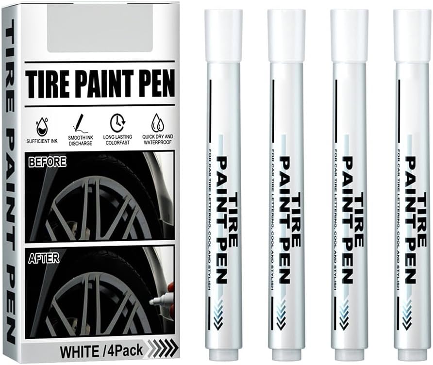 4 Pack White Tire Paint Markers, Fast Drying Fade resistive watertight Oil Based Ink with Innovative Valve Design for Auto Rubber Tyre Tread Detail Work Artists Students