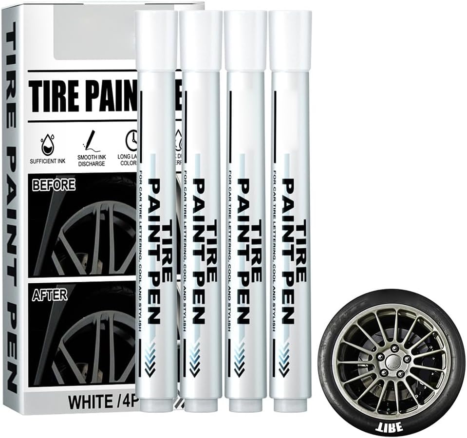4 Pack White Marker Pen Car Tire Paint Marker Pen for Rubber Tyre Tread Fast Drying Tire Graffiti Tracing