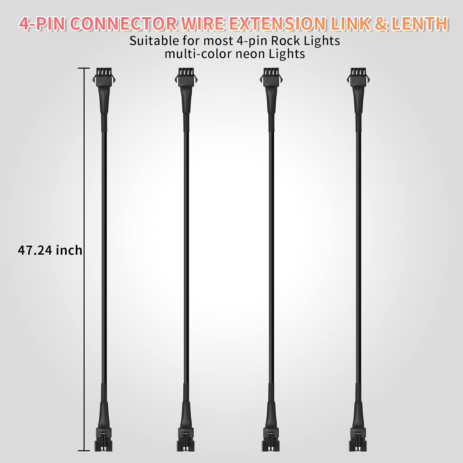4PCS 47inch/3.93FT RGB LED Rock Lights Extension Cables Wire Cord 4PIN Snap-on Connector Underglow Lights Multi-Color Waterproof 12V for Trucks Jeep UTV ATV Golf Cart Offroad SXS RZR