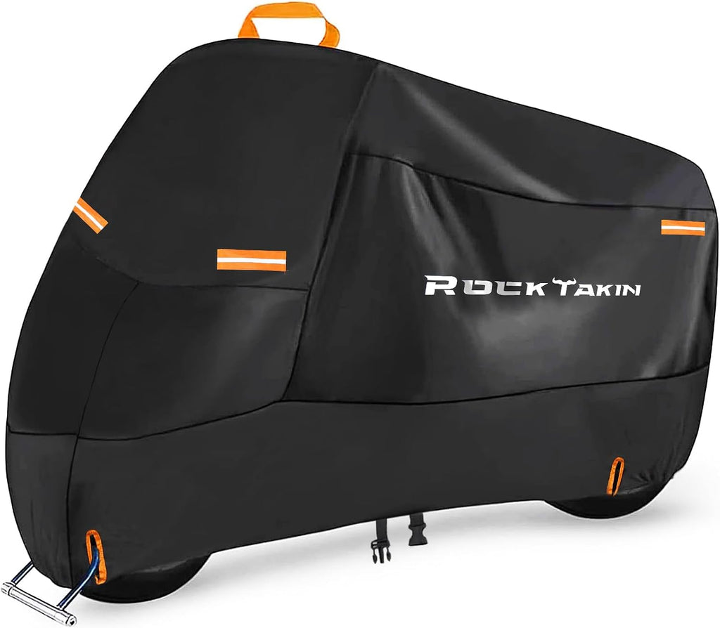 ROCKTAKIN 300D Heavy Duty Motorcycle Cover, Waterproof All Season Outdoor Protection with 4 Reflective Strips & Lock Holes, Fits Most Cruisers, Touring Bikes and Scooters up to 96.5"