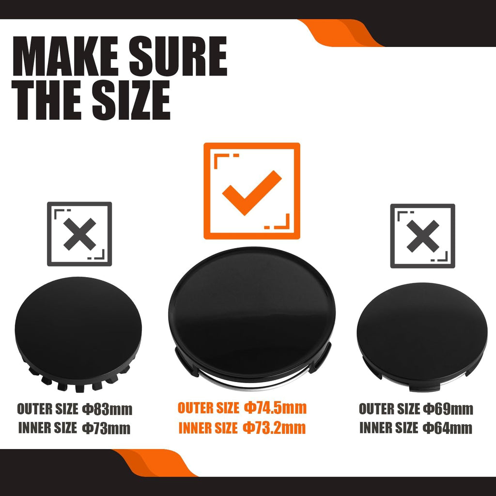 2.9Inch 75MM Wheel Center Caps, Pack of 4 (Gloss Black, Outer 75MM, Inner 73MM, Easy DIY Installation)