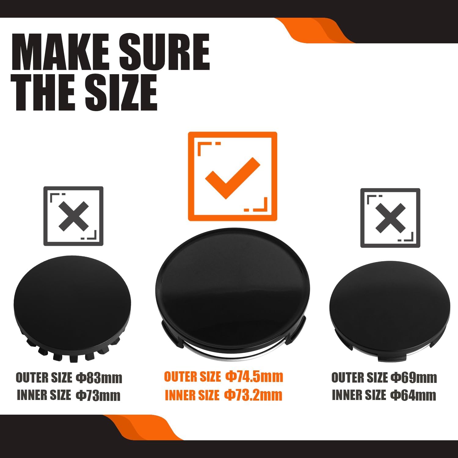 2.9Inch 75MM Wheel Center Caps, Pack of 4 (Gloss Black, Outer 75MM, Inner 73MM, Easy DIY Installation)