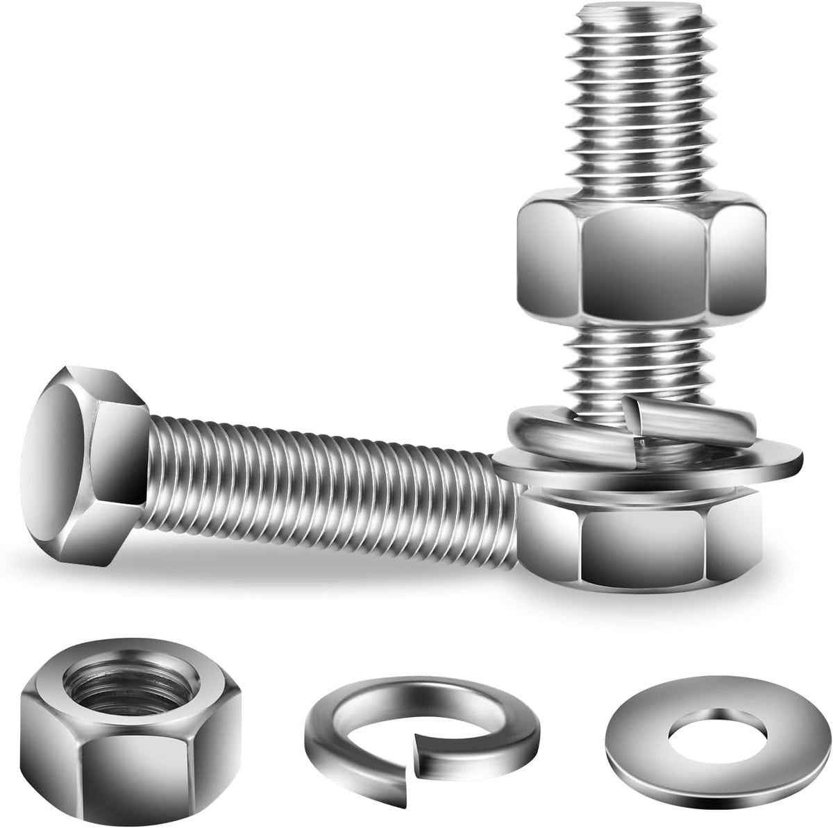 1/2-13 x 1-1/2" Hex Head Screw Bolt, Flat & Lock Washers, Fully Threaded